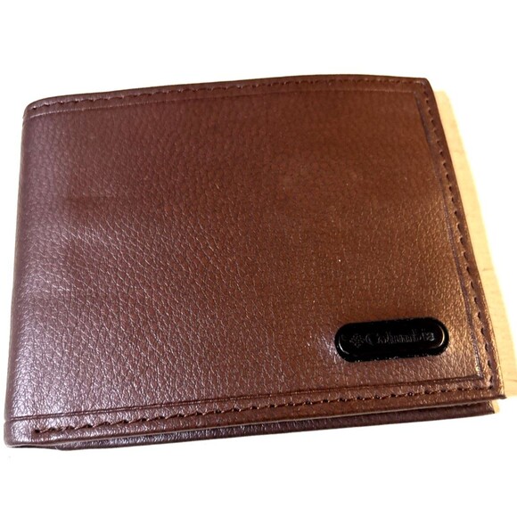 COLUMBIA Men's Genuine Coated Leather BIFOLD Wallet ~ BROWN - Picture 1 of 4